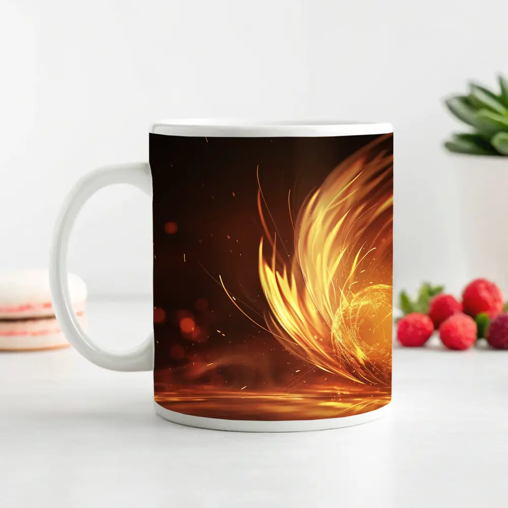 Fiery Golden Orb Abstract Dark Background – Mugs