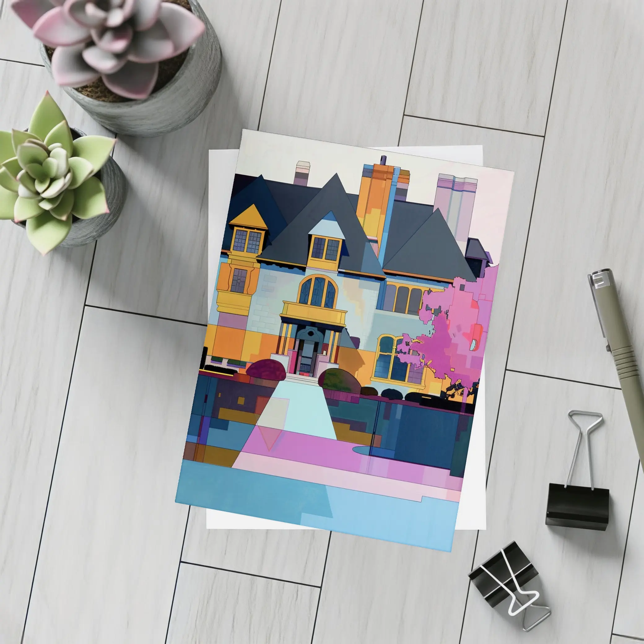 Victorian Mansion Geometric Flat Art Style – Postcards