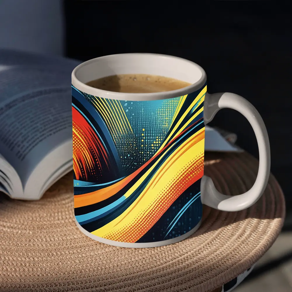 Bold Wave Abstract Art Blue Orange – Mugs
