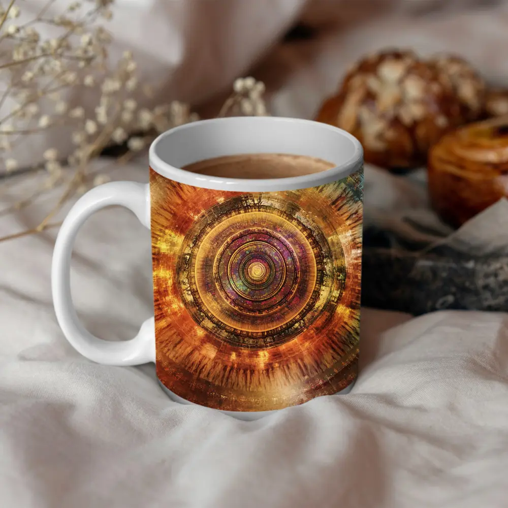 Cosmic Mandala Abstract Warm Glowing Circle Art – Mugs
