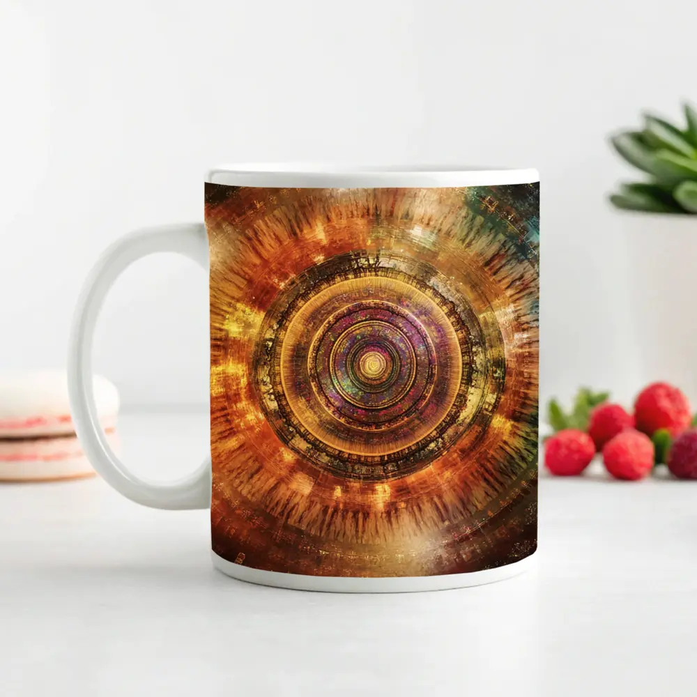 Cosmic Mandala Abstract Warm Glowing Circle Art – Mugs