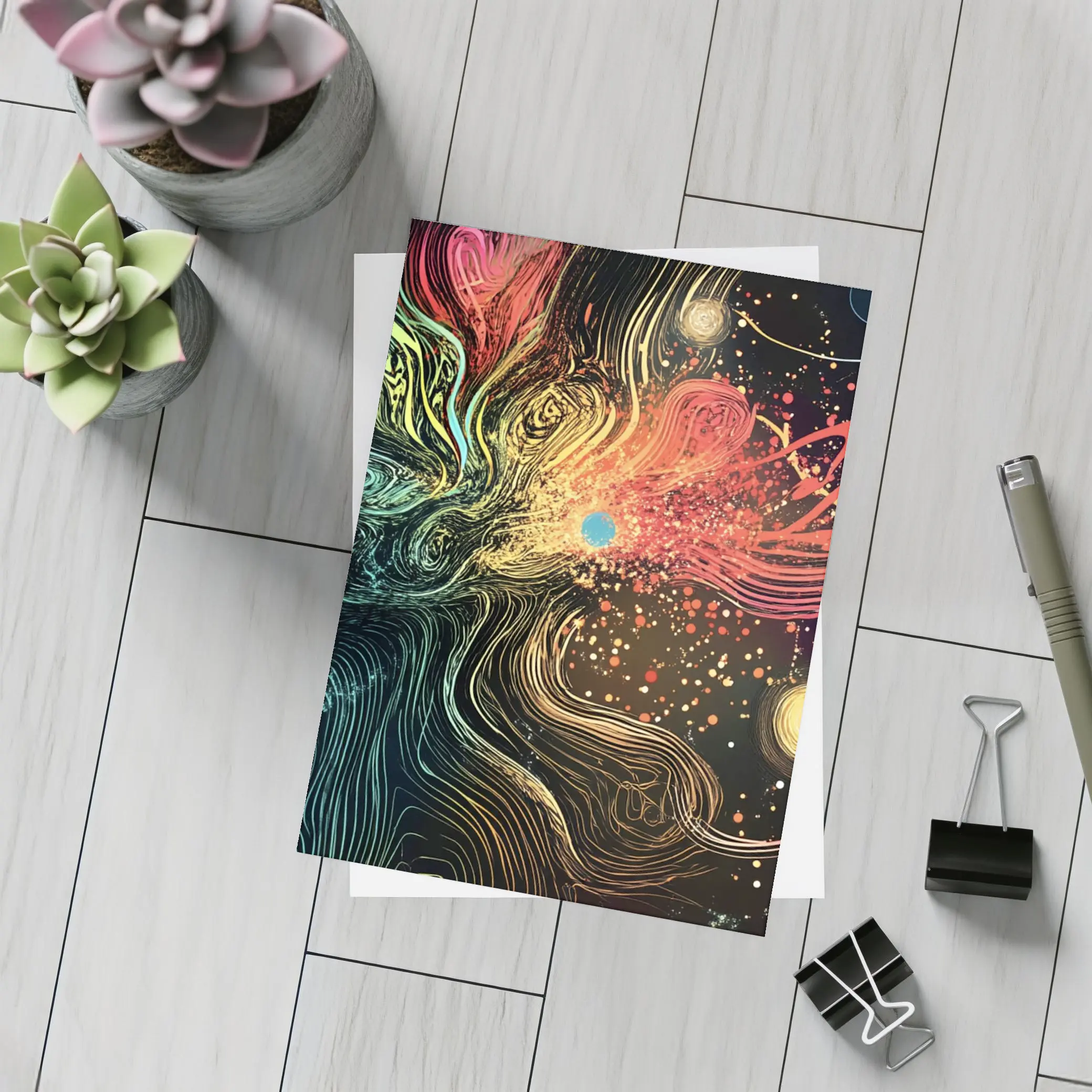 Cosmic Abstract Flow Lines Dark Background – Postcards