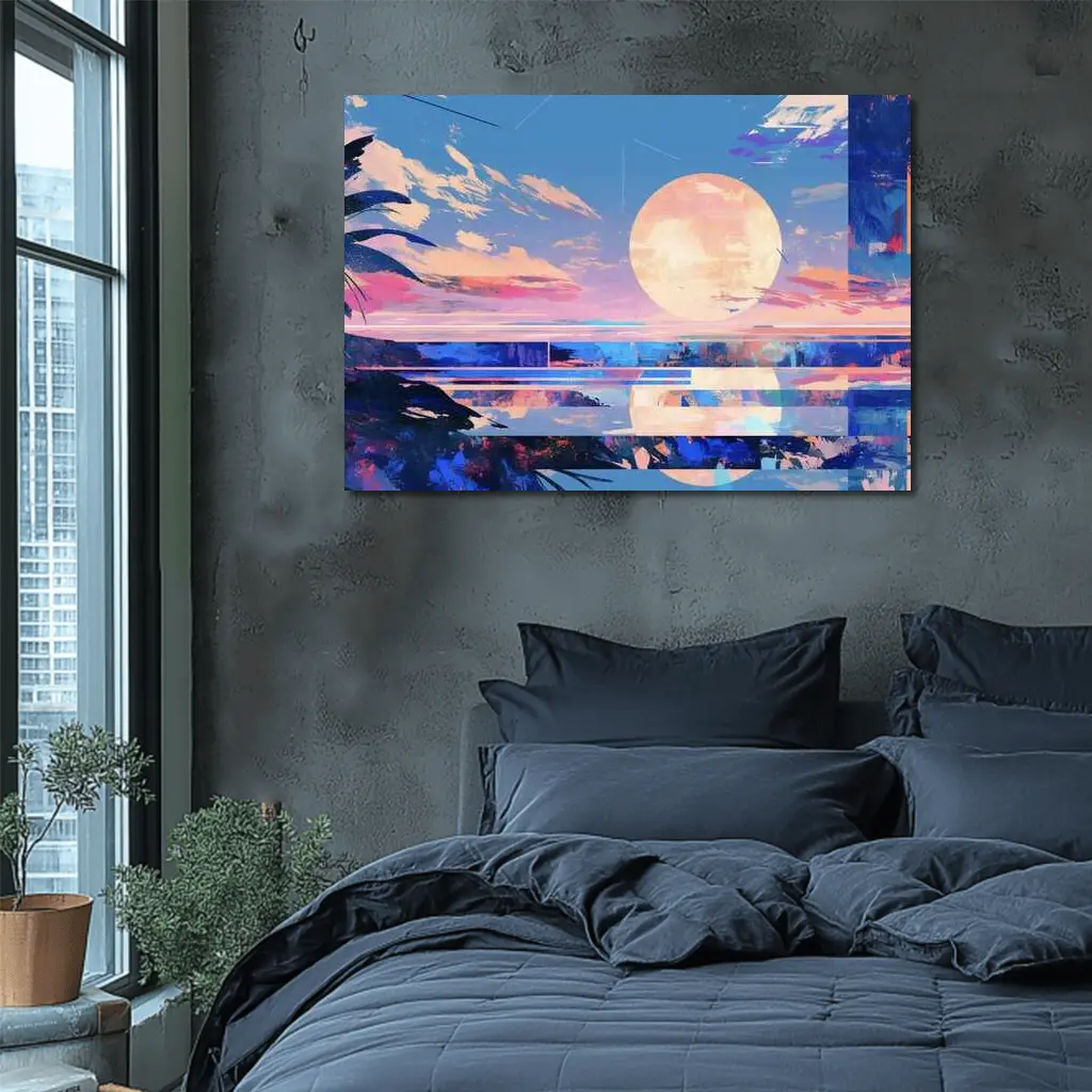 Anime Sunset Full Moon Coastal Landscape Art – Wall Art