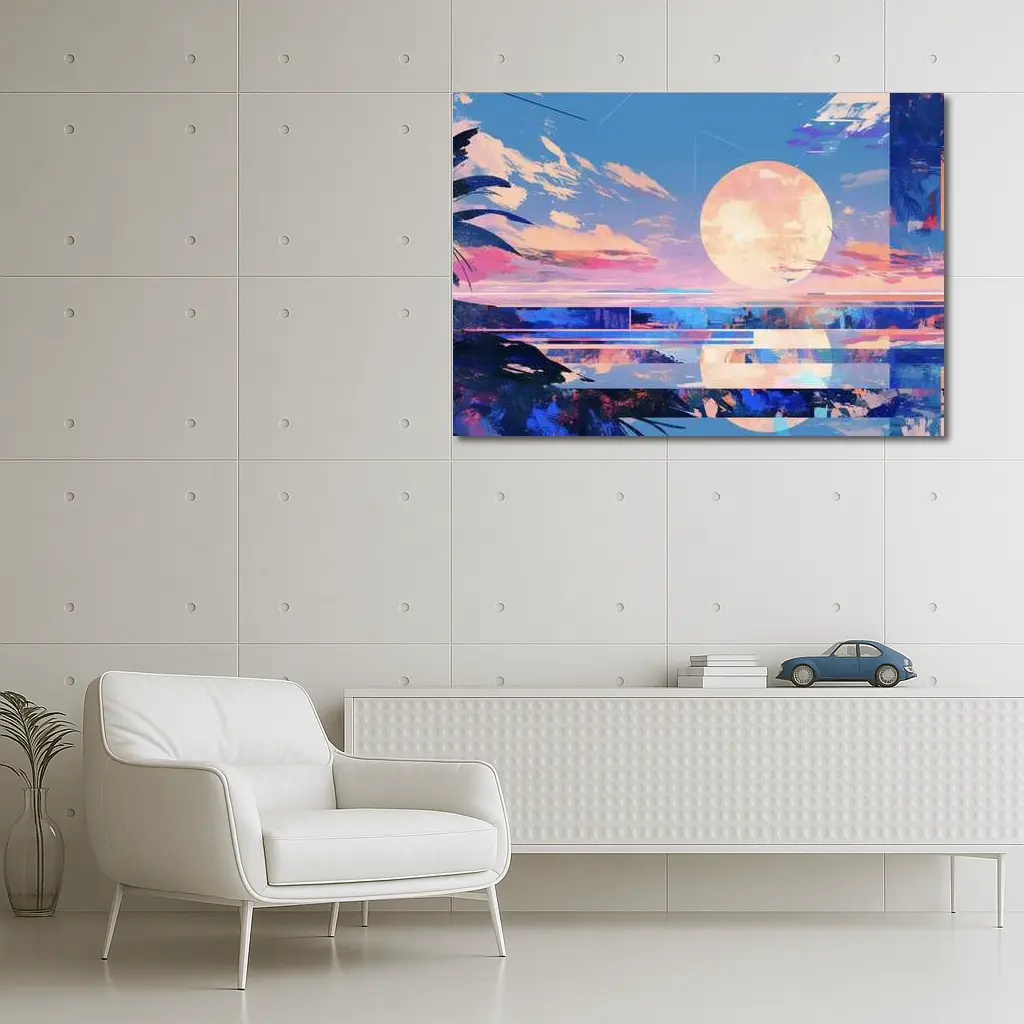 Anime Sunset Full Moon Coastal Landscape Art – Wall Art
