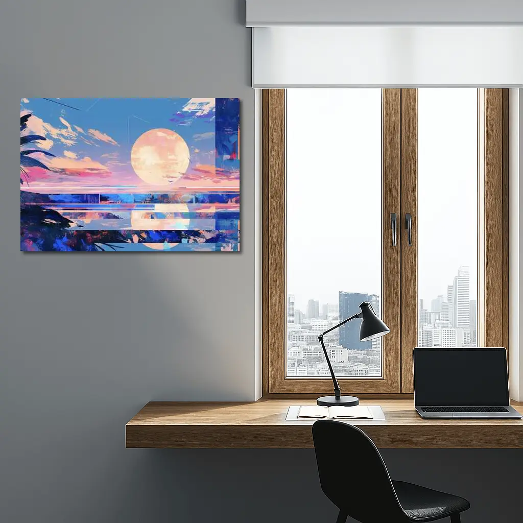Anime Sunset Full Moon Coastal Landscape Art – Wall Art