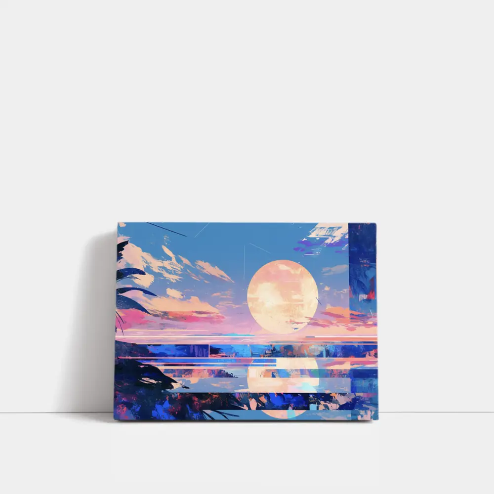 Anime Sunset Full Moon Coastal Landscape Art – Wall Art