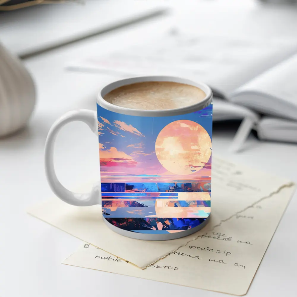 Anime Sunset Full Moon Coastal Landscape Art – Mugs