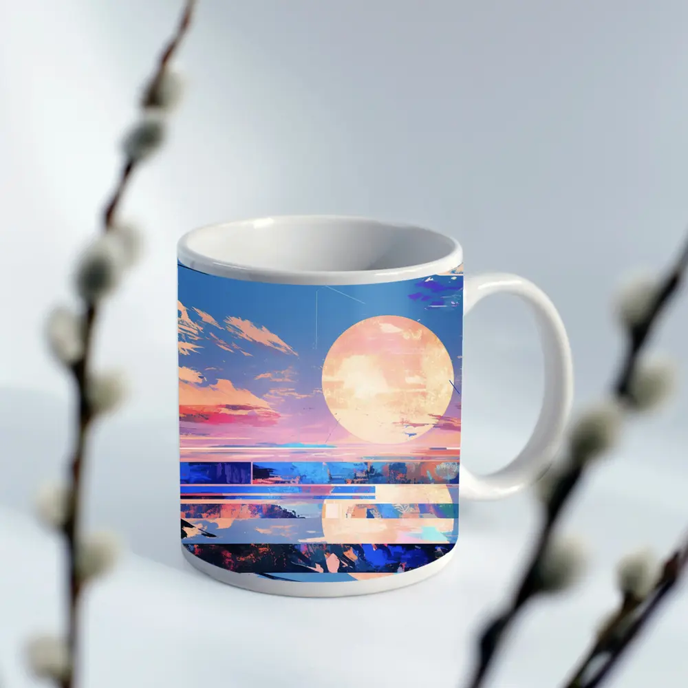 Anime Sunset Full Moon Coastal Landscape Art – Mugs