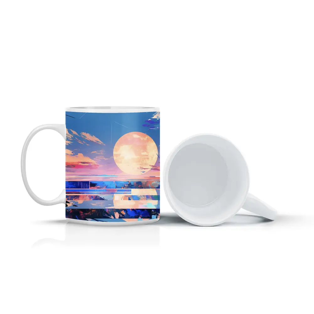 Anime Sunset Full Moon Coastal Landscape Art – Mugs