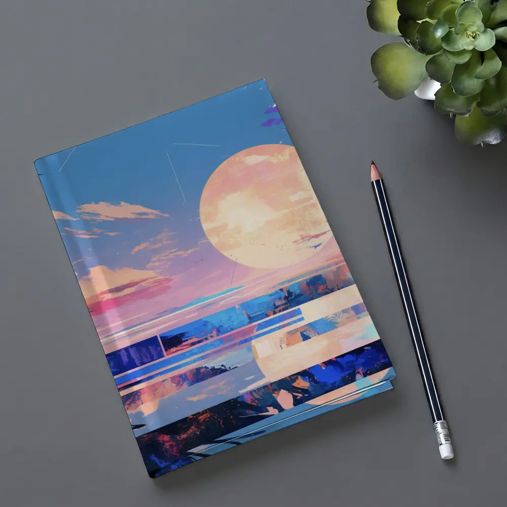 Anime Sunset Full Moon Coastal Landscape Art – Notebooks