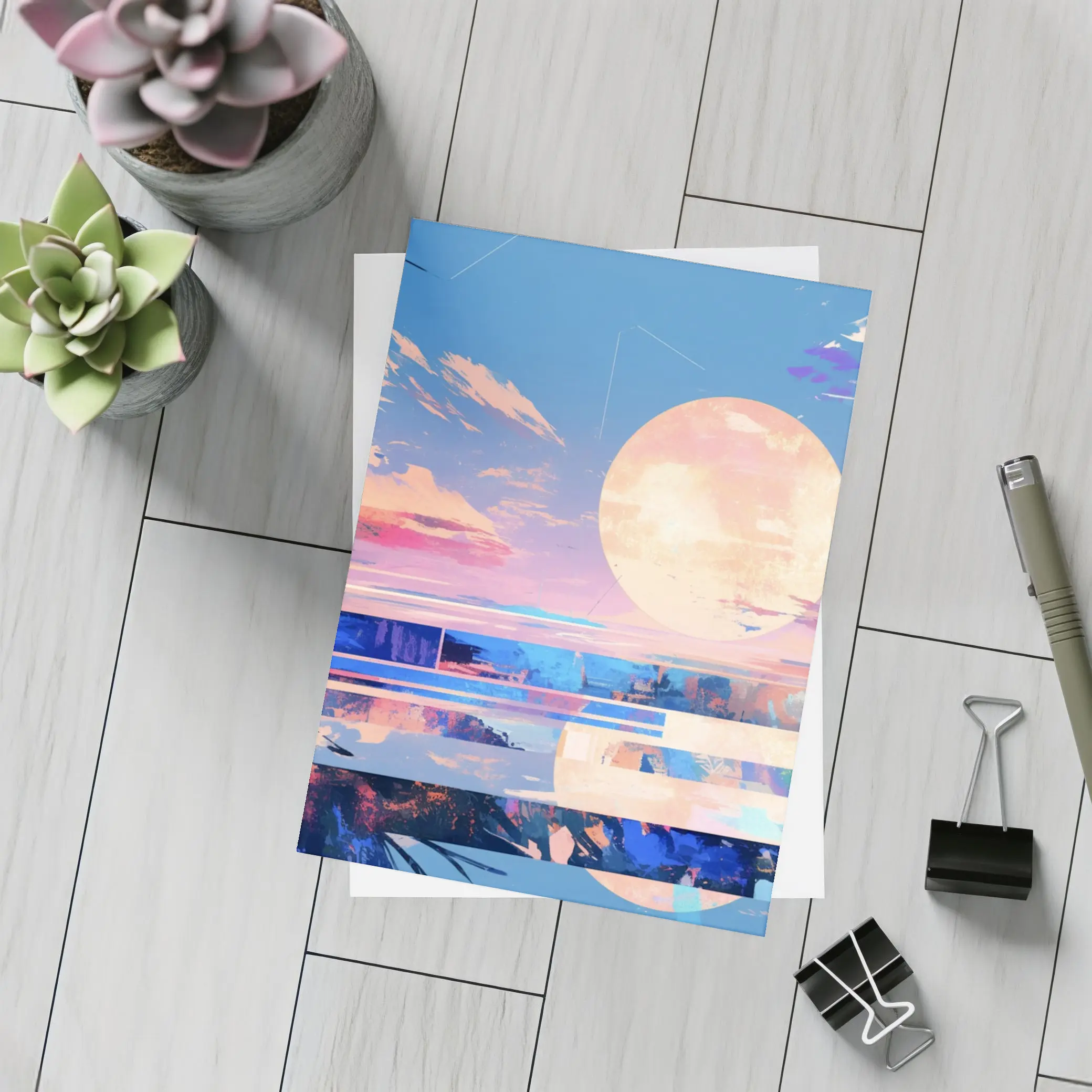 Anime Sunset Full Moon Coastal Landscape Art – Postcards