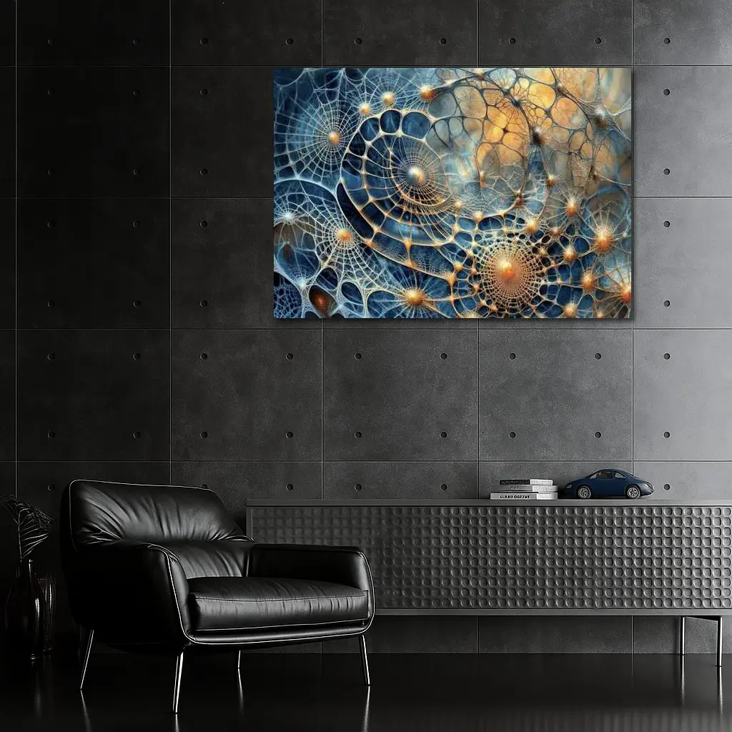 Abstract Blue Gold Fractal Web Network Art – Wall Art