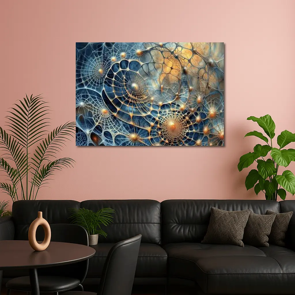 Abstract Blue Gold Fractal Web Network Art – Wall Art