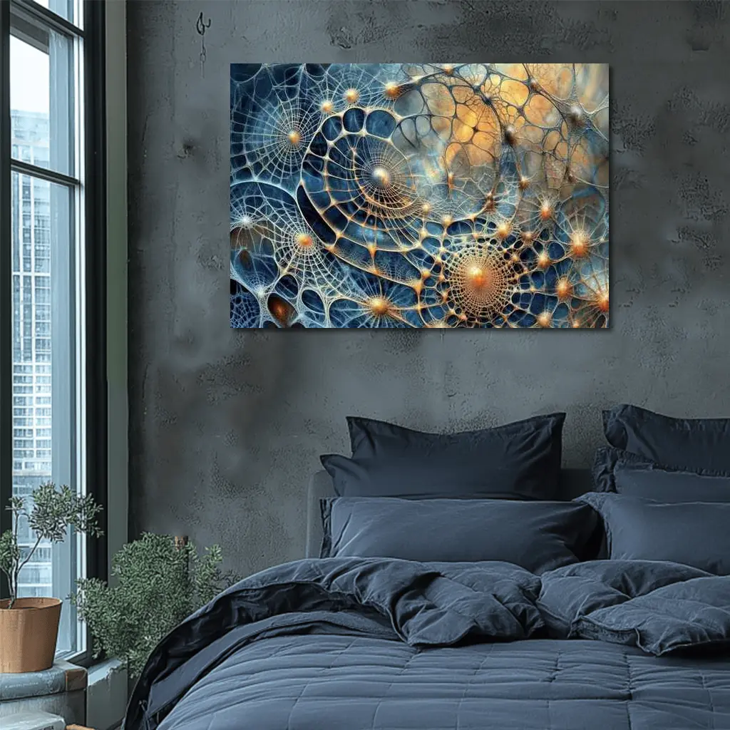 Abstract Blue Gold Fractal Web Network Art – Wall Art