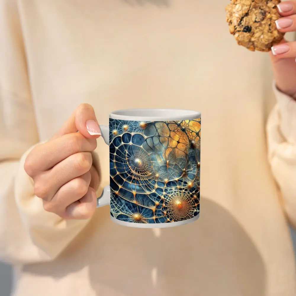 Abstract Blue Gold Fractal Web Network Art – Mugs