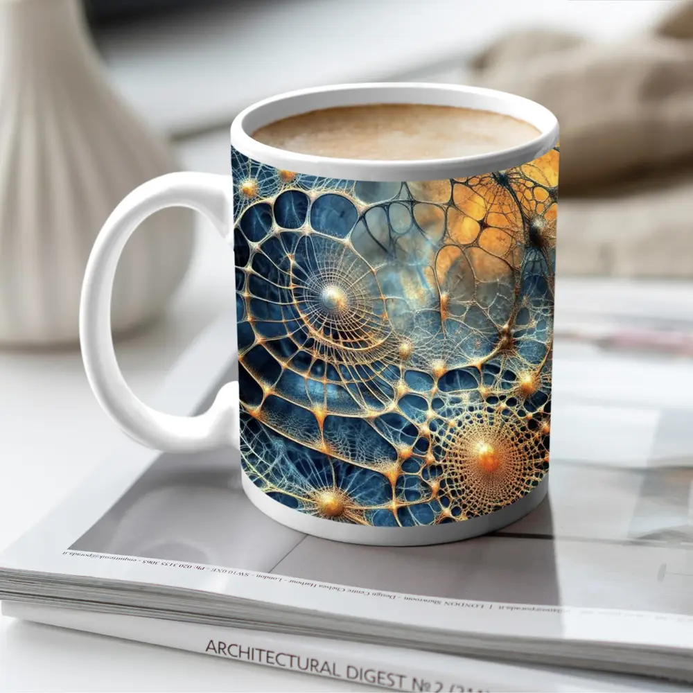 Abstract Blue Gold Fractal Web Network Art – Mugs