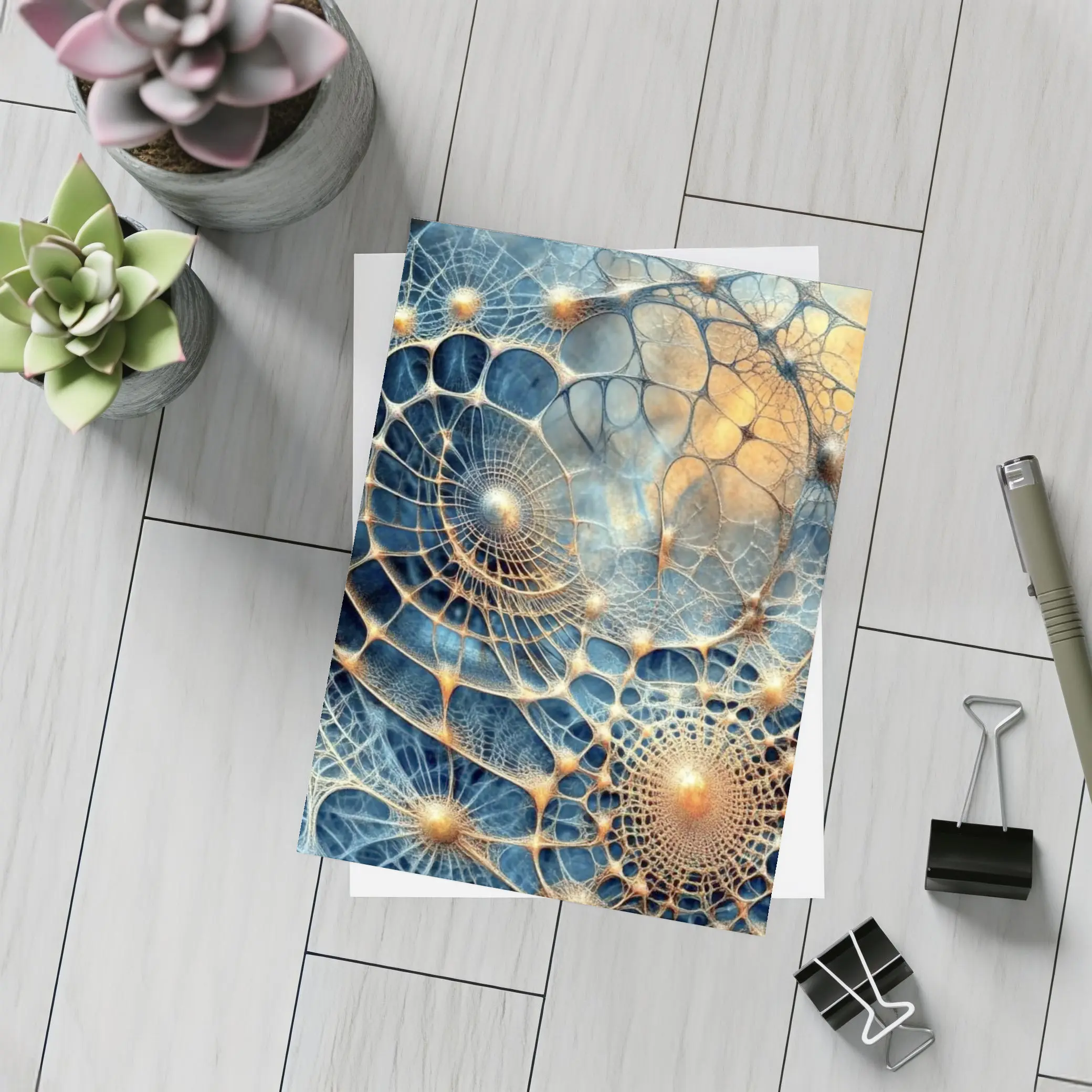 Abstract Blue Gold Fractal Web Network Art – Postcards
