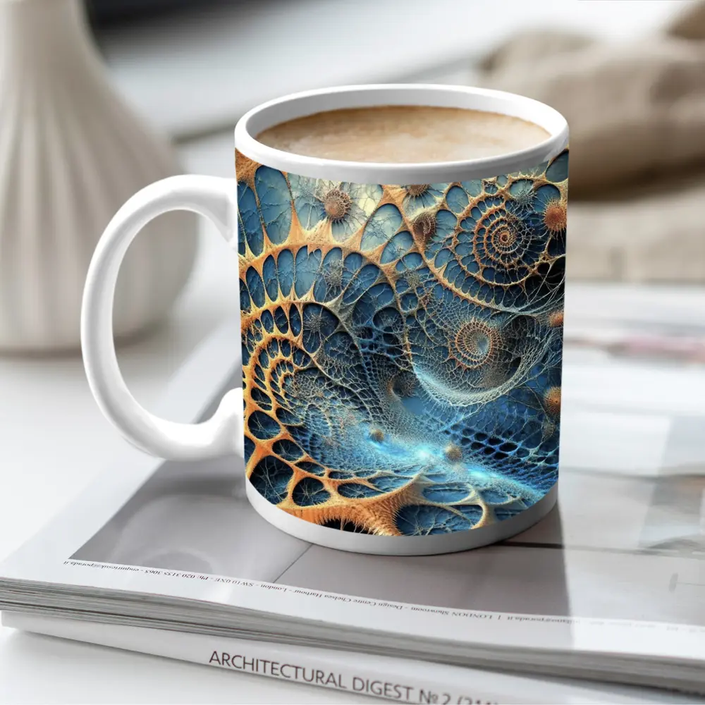 Blue Fractal Spiral Abstract Coral Geometric Art – Mugs