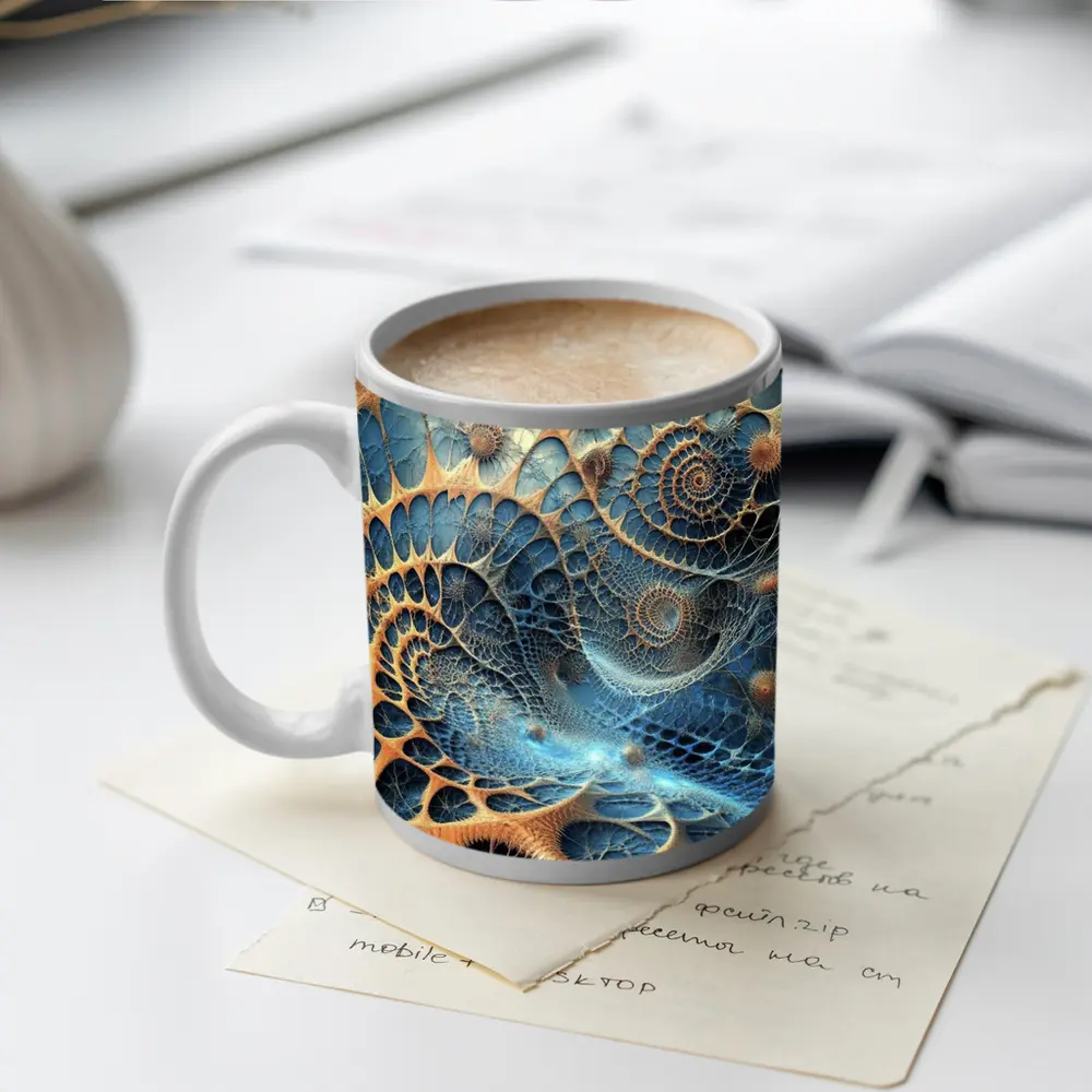 Blue Fractal Spiral Abstract Coral Geometric Art – Mugs
