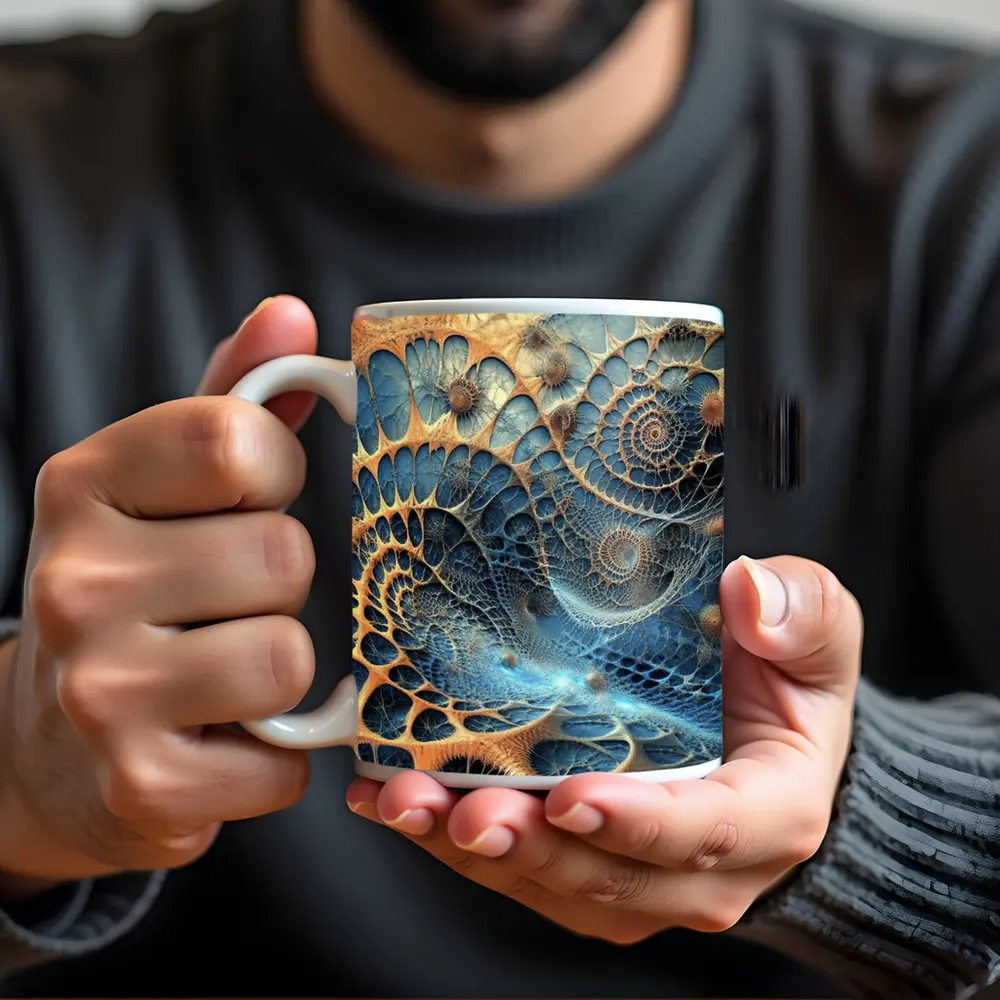 Blue Fractal Spiral Abstract Digital Art – Mugs