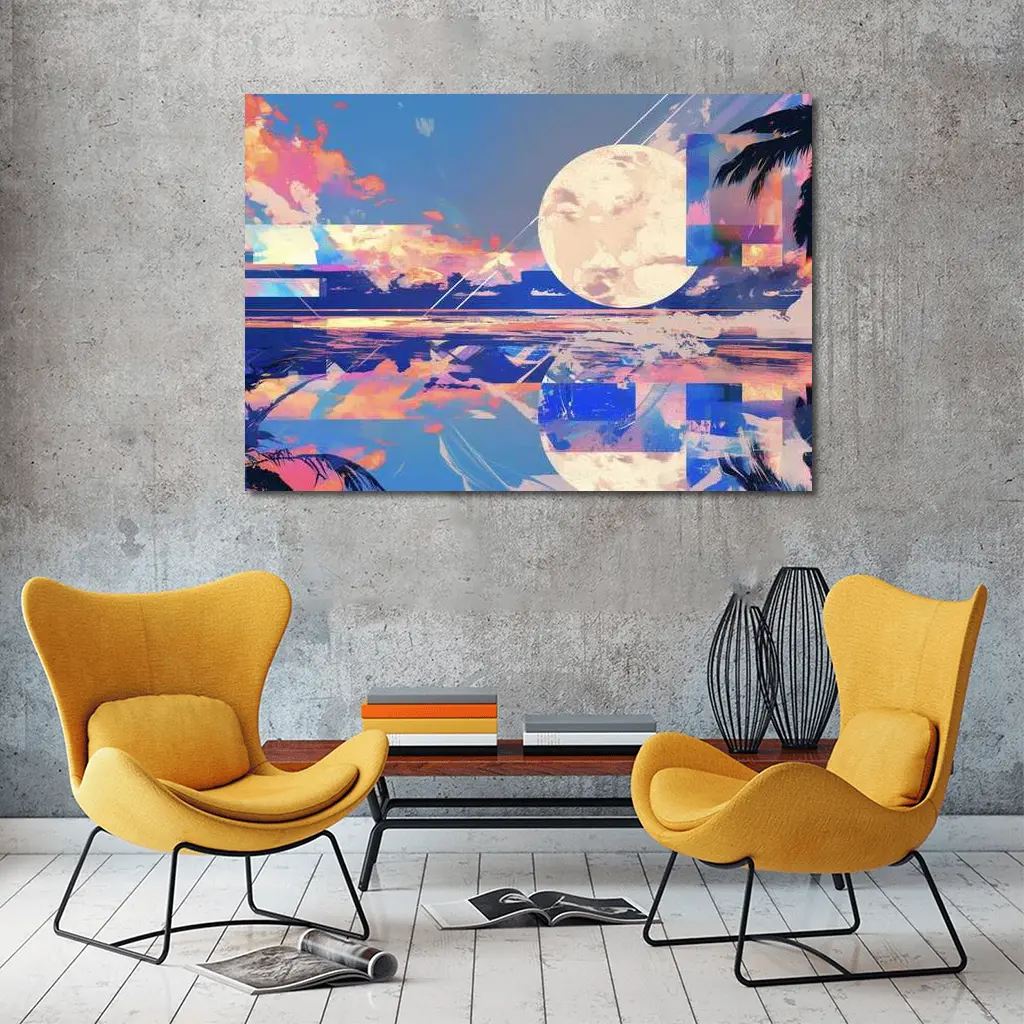 Collage Moon Tropical Beach Sunset Art – Wall Art