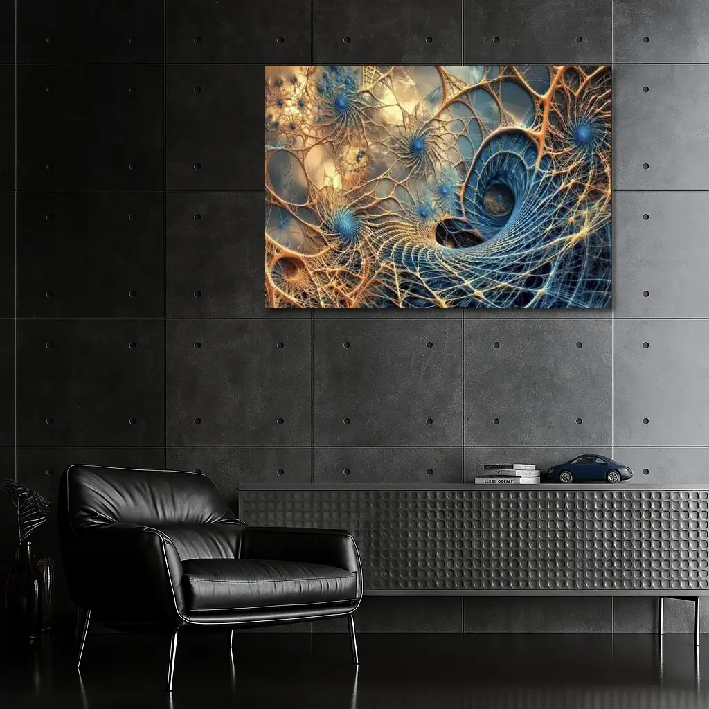 Fractal Web Spiral Abstract Blue Gold – Wall Art