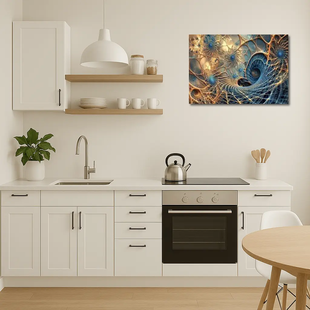 Fractal Web Spiral Abstract Blue Gold – Wall Art