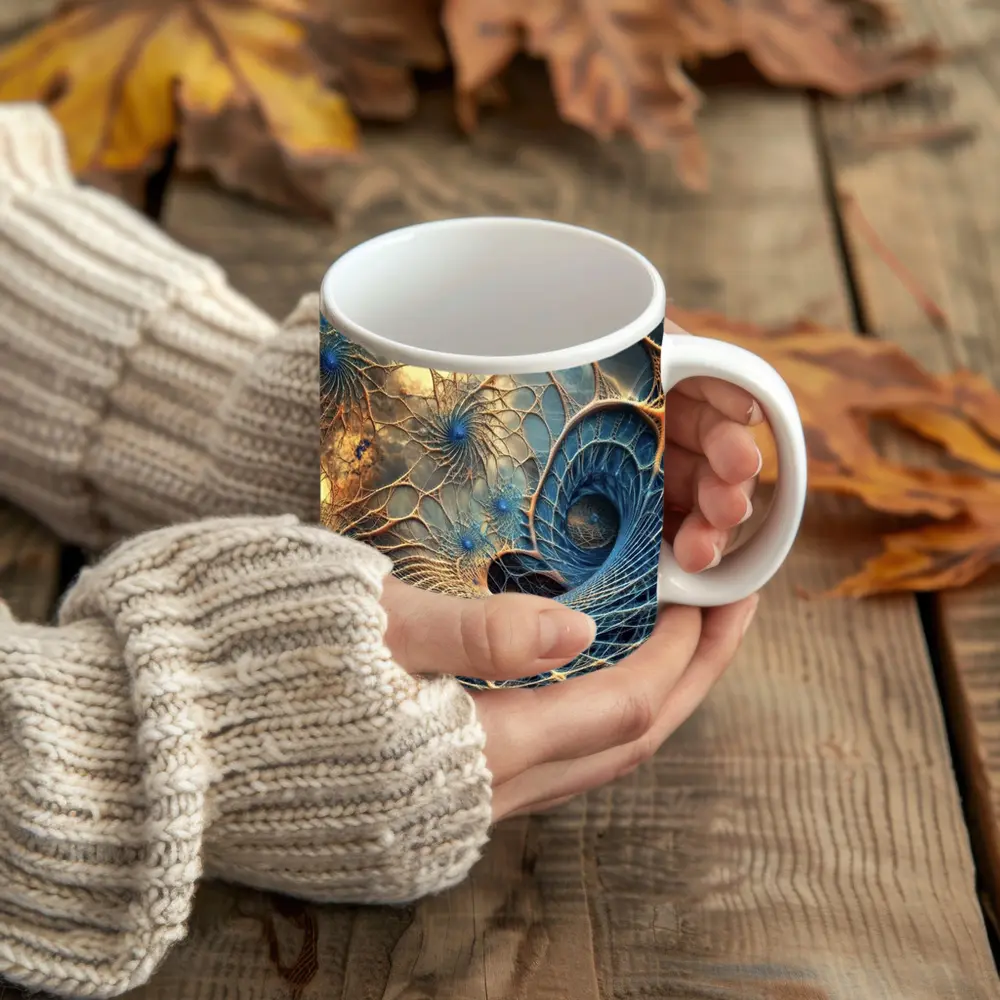 Fractal Web Spiral Abstract Blue Gold – Mugs