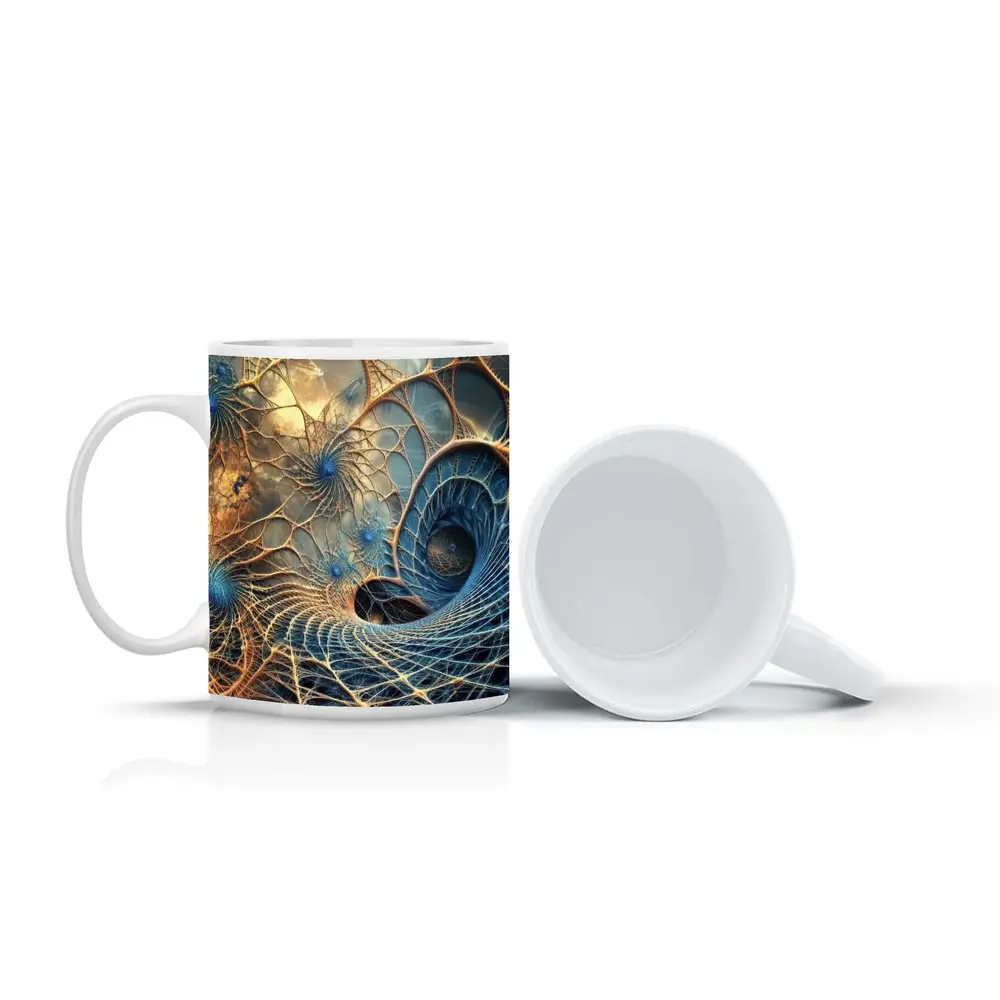 Fractal Web Spiral Abstract Blue Gold – Mugs
