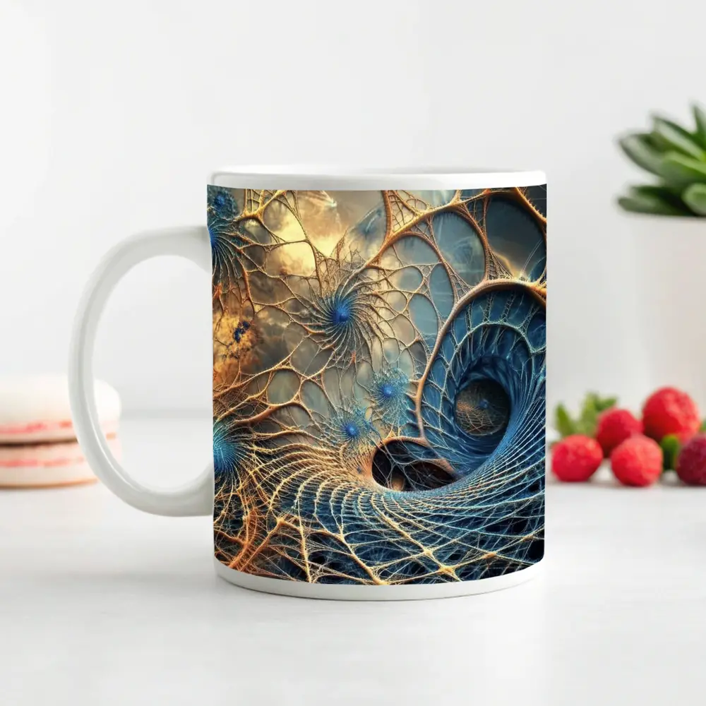 Fractal Web Spiral Abstract Blue Gold – Mugs