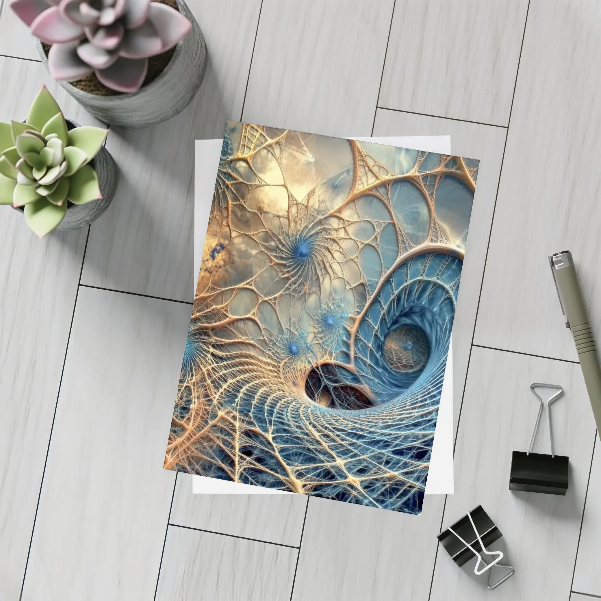 Fractal Web Spiral Abstract Blue Gold – Postcards