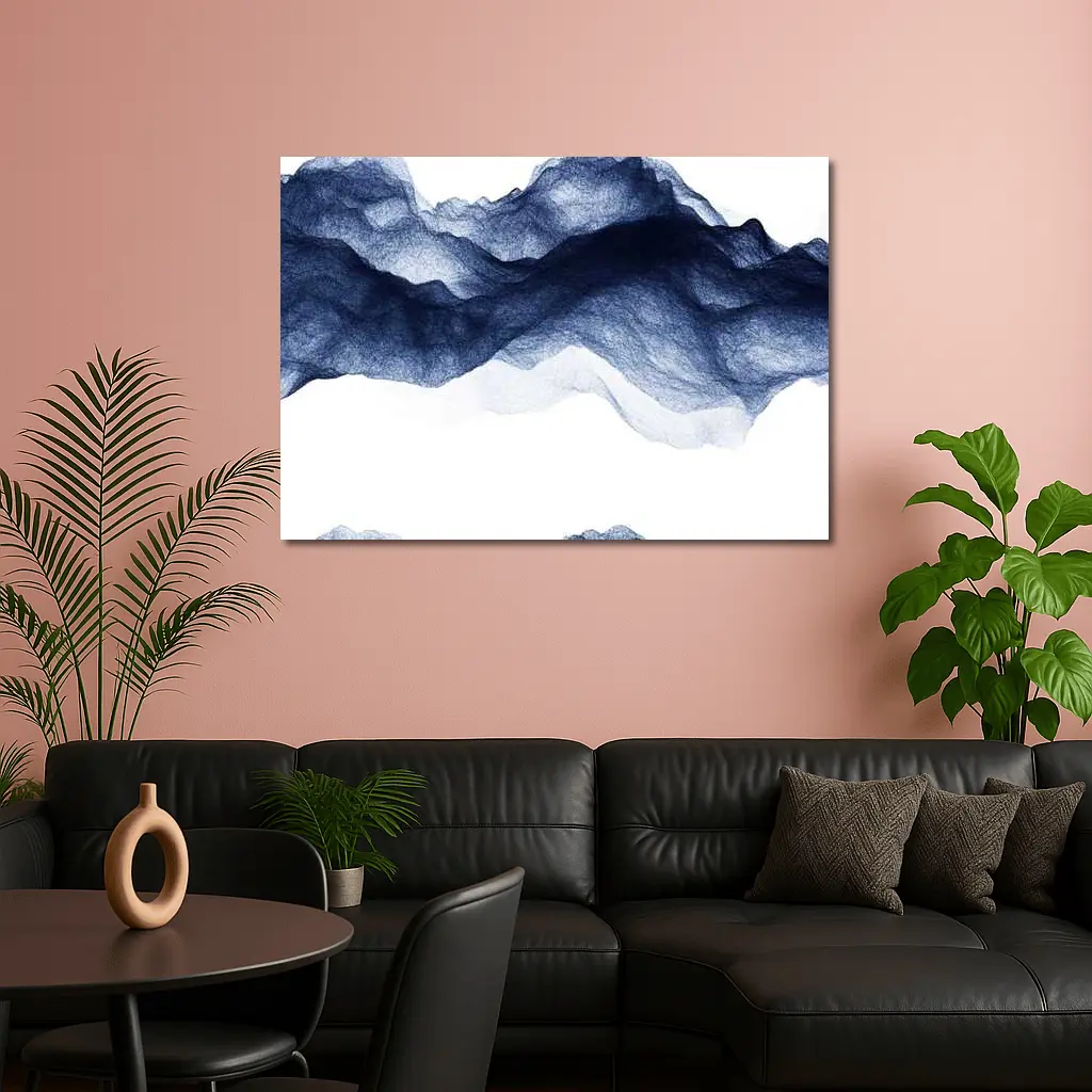 Dark Blue Ink Wash Mountain Landscape Art – Wall Art