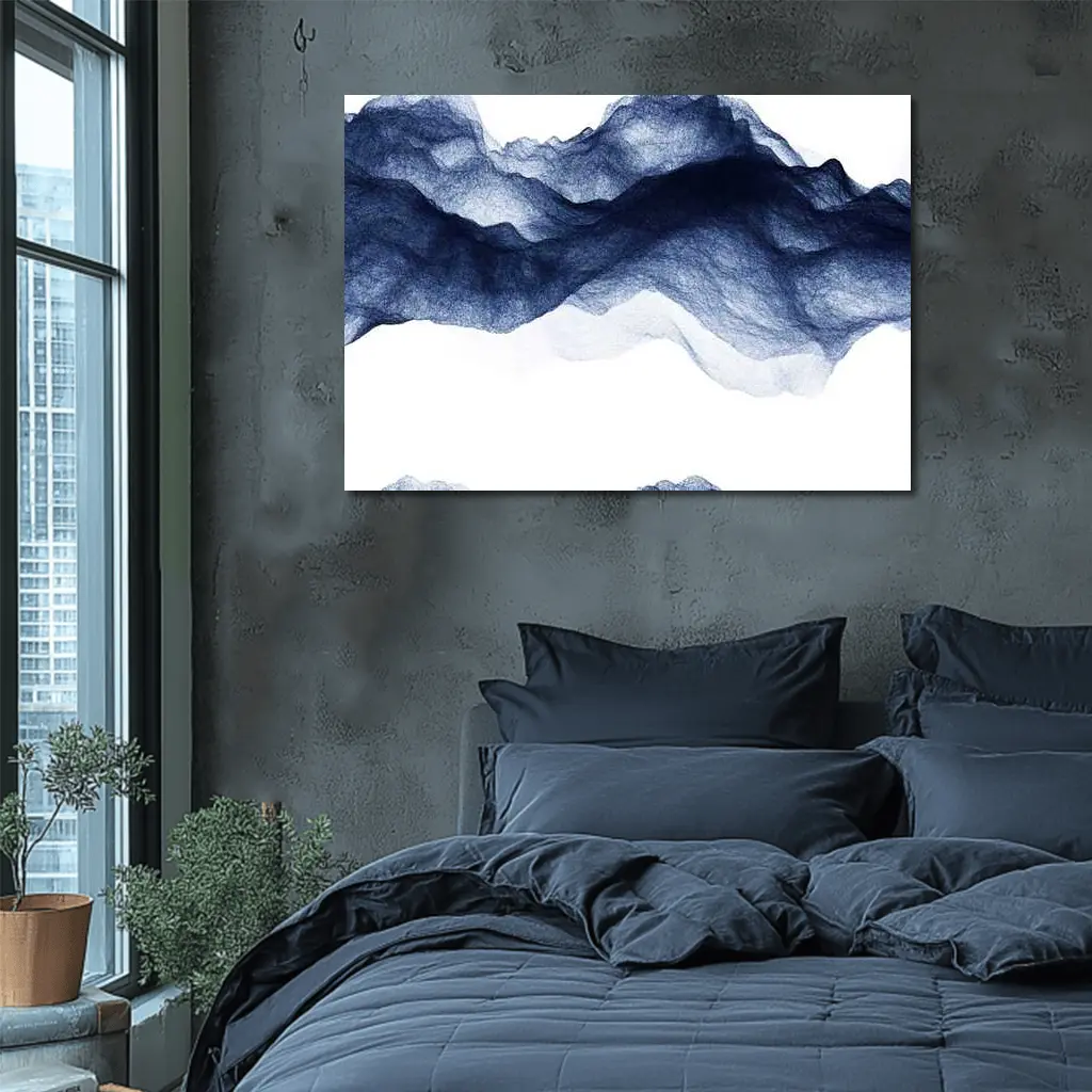 Dark Blue Ink Wash Mountain Landscape Art – Wall Art