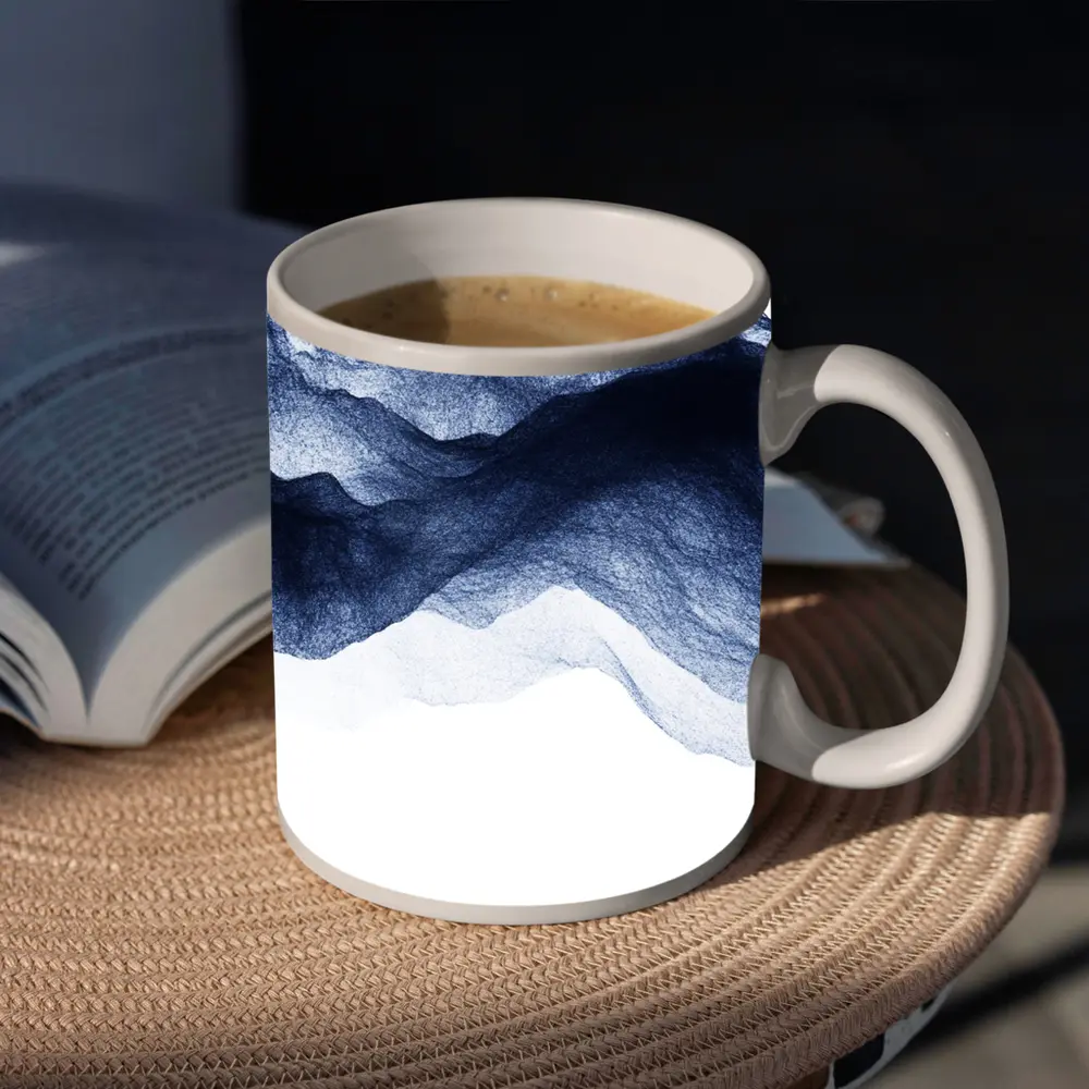 Dark Blue Ink Wash Mountain Landscape Art – Mugs