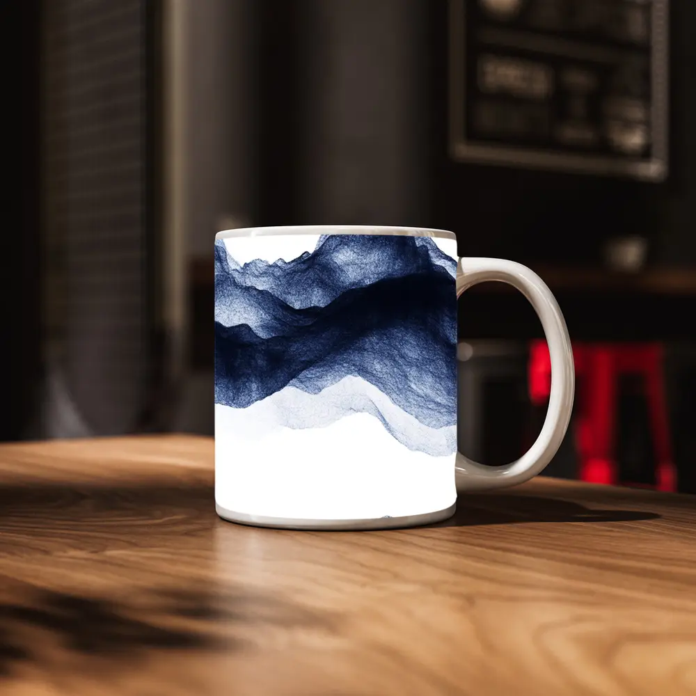 Dark Blue Ink Wash Mountain Landscape Art – Mugs