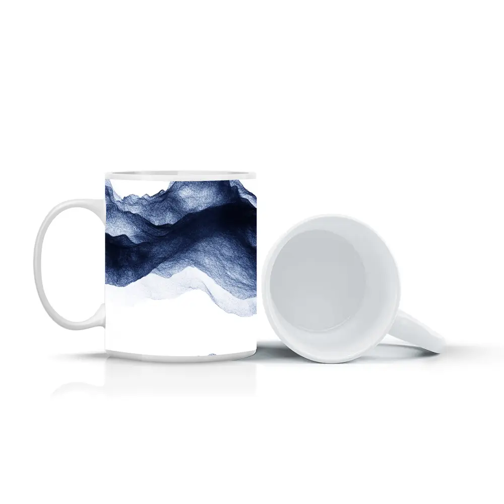 Dark Blue Ink Wash Mountain Landscape Art – Mugs