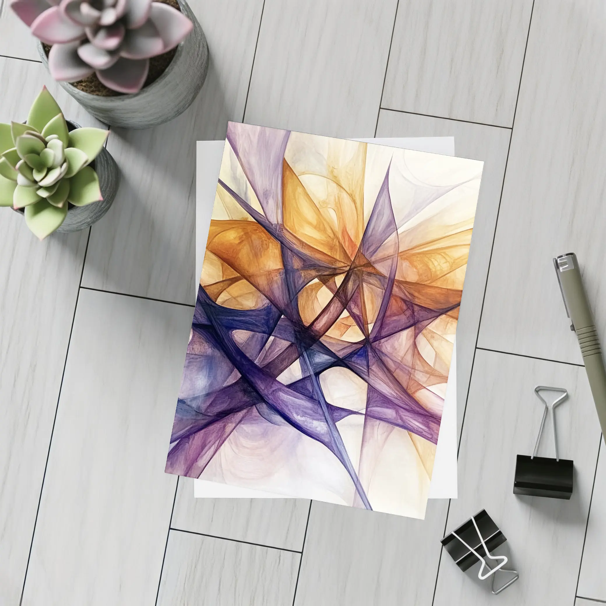 Abstract Purple Orange Geometric Lines Art – Postcards