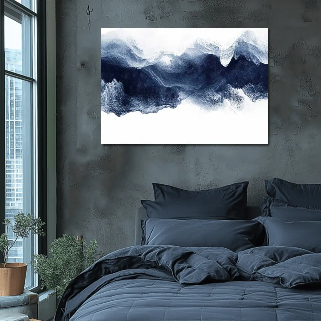 Dark Blue Ink Wave Abstract White Background – Wall Art
