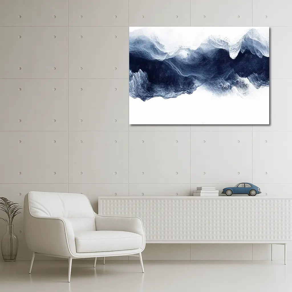 Dark Blue Ink Wave Abstract White Background – Wall Art