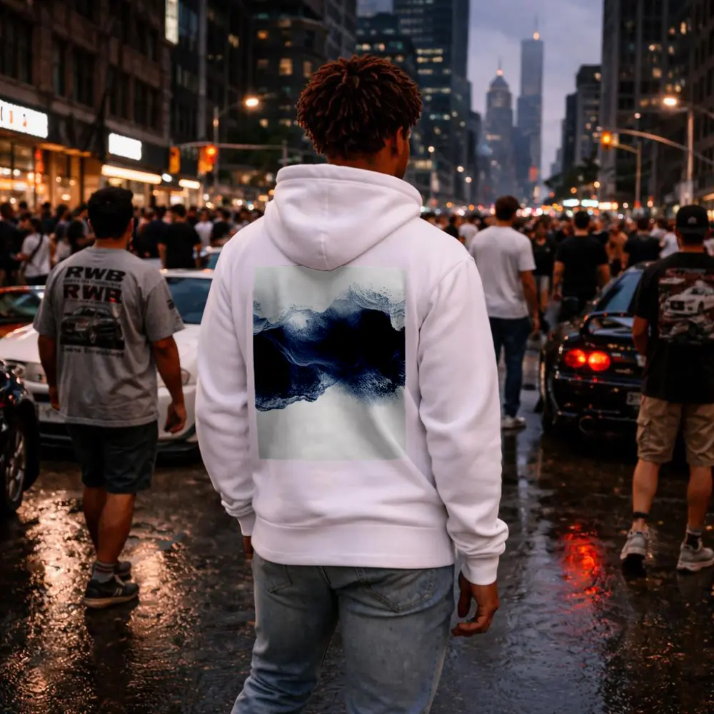 Dark Blue Ink Wave Abstract White Background – Hoodies