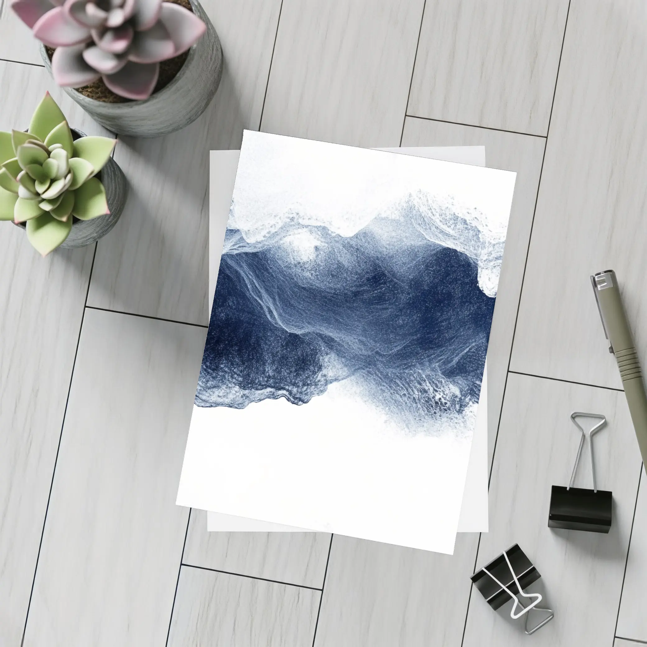 Dark Blue Ink Wave Abstract White Background – Postcards