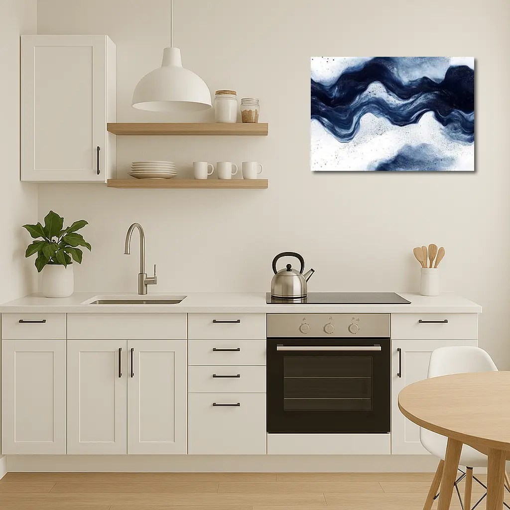 Dark Blue Ink Wave Abstract White Background – Wall Art