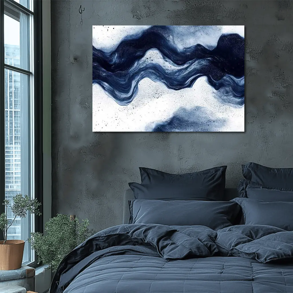 Dark Blue Ink Wave Abstract White Background – Wall Art