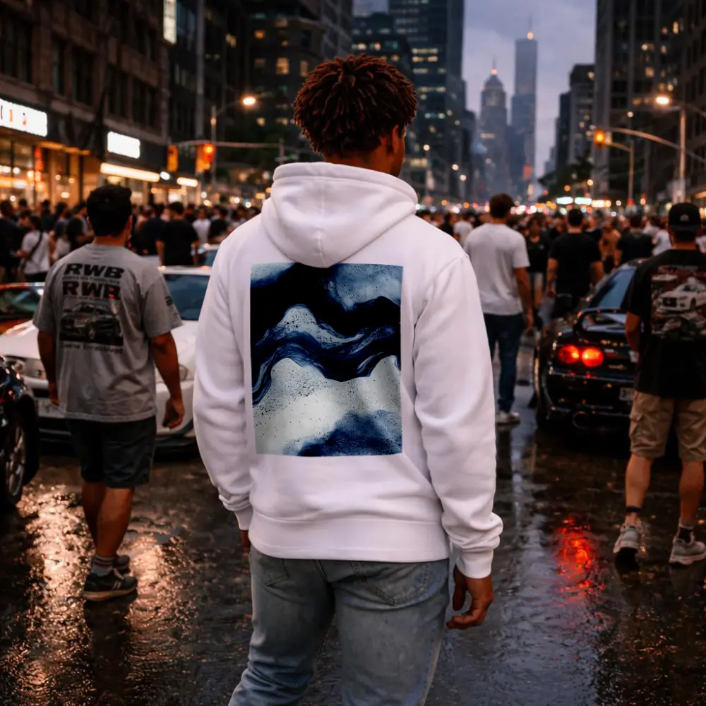 Dark Blue Ink Wave Abstract White Background – Hoodies