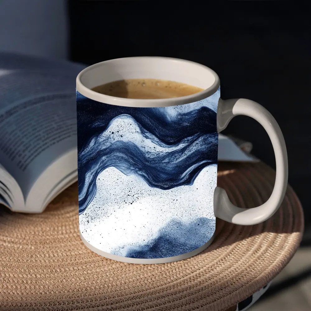 Dark Blue Ink Wave Abstract White Background – Mugs