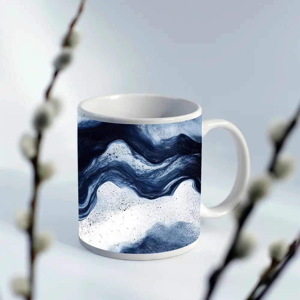 Dark Blue Ink Wave Abstract White Background – Mugs