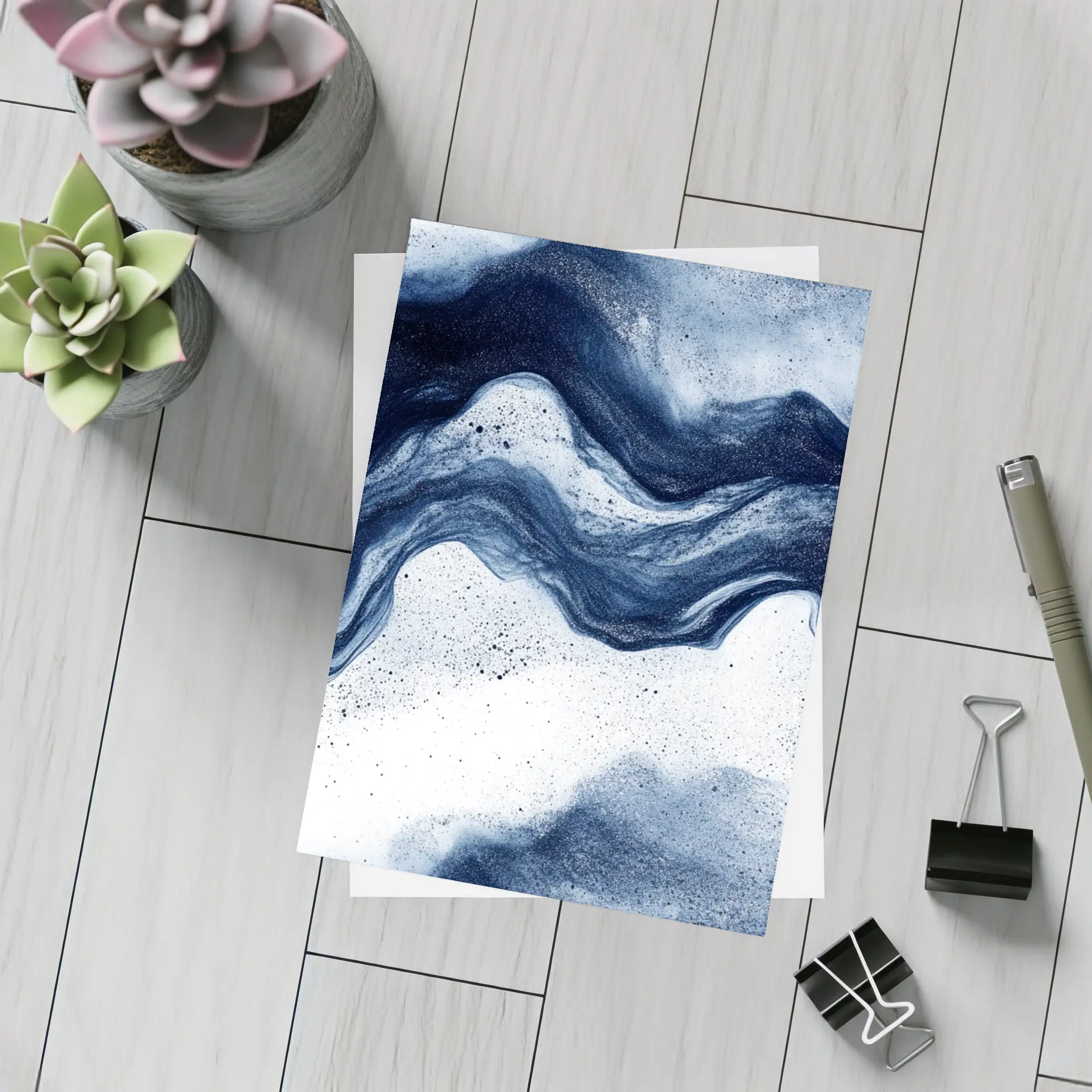 Dark Blue Ink Wave Abstract White Background – Postcards