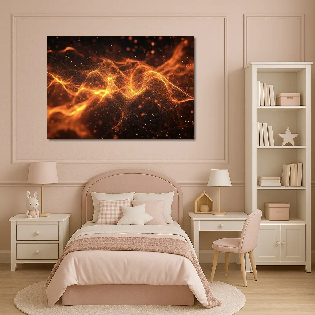 Golden Fire Particle Wave Dark Abstract – Wall Art