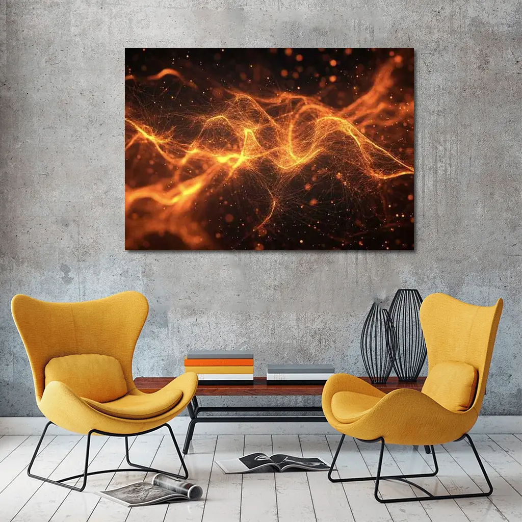 Golden Fire Particle Wave Dark Abstract – Wall Art