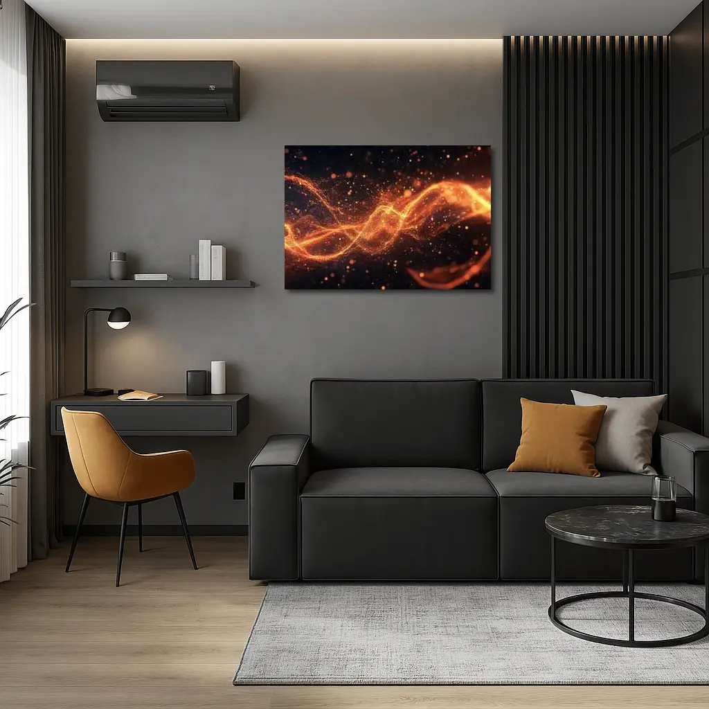 Golden Fire Particles Wave Dark Background – Wall Art